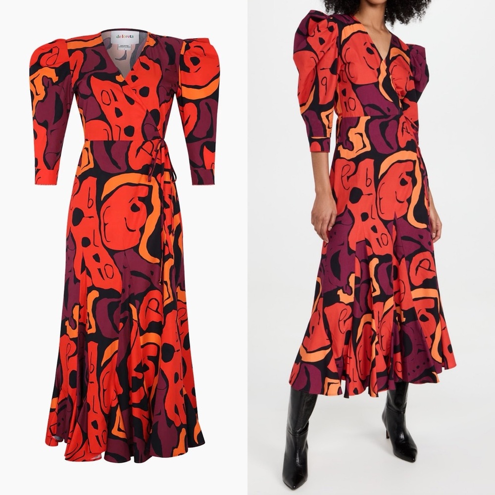 De Loreta Puff Sleeve Printed Wrap Cotton Dress
